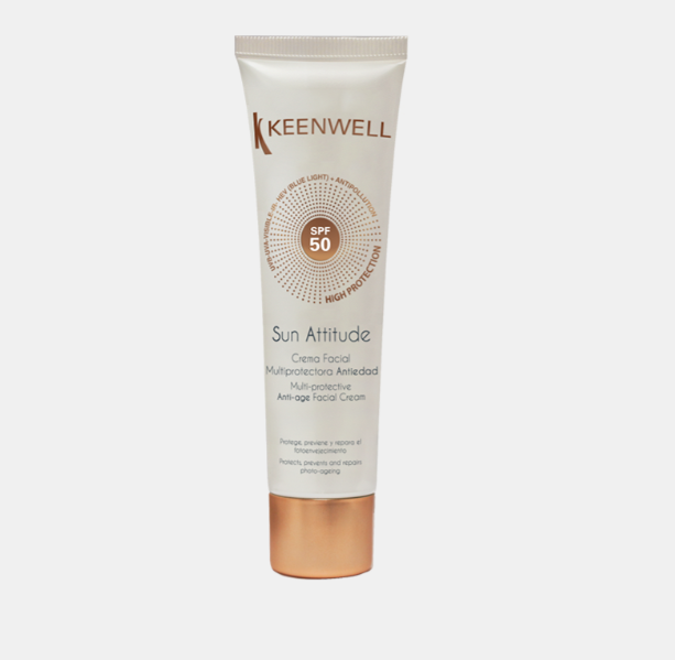 KEENWELL Crema Facial Multiprotectora Antiedad SPF50 | Protección Solar de Amplio Espectro UVB/UVA/HEV/IR + Antipolución con Acción Reafirmante e Hidratante